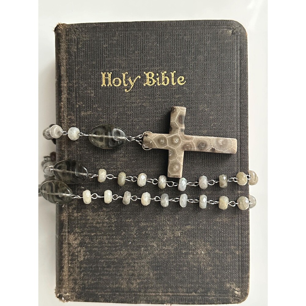 Ancient Grace Labradorite Rosary, Fossil Coral Cross, Catholic Prayer Beads